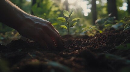 Fototapeta premium 13. A close-up of human hands gently planting a tree sapling in freshly dug earth, with soft light filtering through trees above