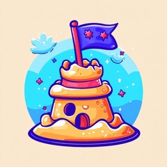 A colorful sandcastle with a flag, surrounded by blue skies and clouds, capturing a playful beach theme.