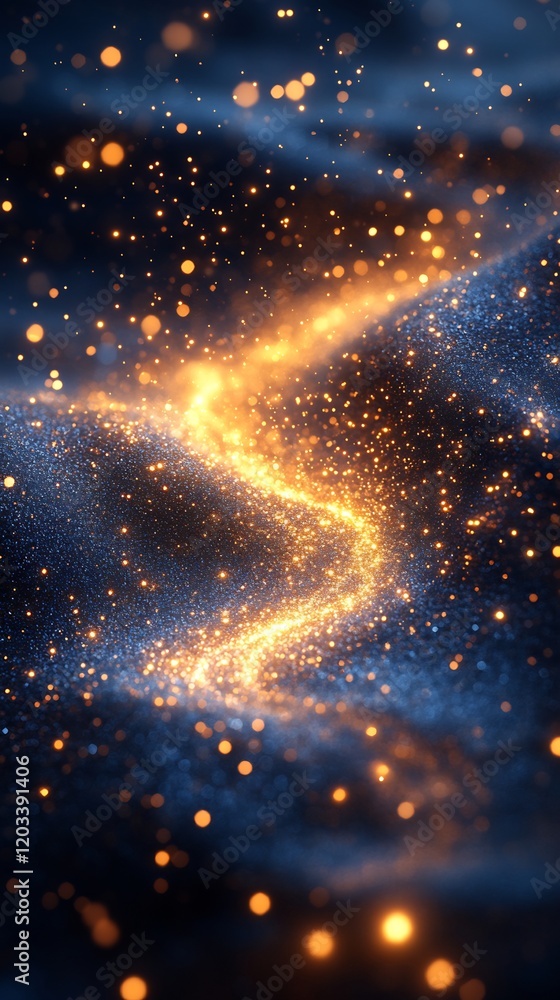 Poster stunning wallpaper featuring an abstract swirl of golden and blue particles with a dynamic wind blow