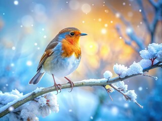 Obraz premium Frozen beauty: a robin's silhouette against a snowy branch, captured in a double exposure winter scene.