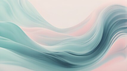 Abstract pastel teal and blush pink flowing waves background.
