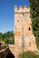 View of the Tower of the Points or Peaks (Torre de los Picos) located inside the Alhambra complex...