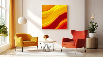 Abstract Warm Hues Artwork in Modern Living Room Setting