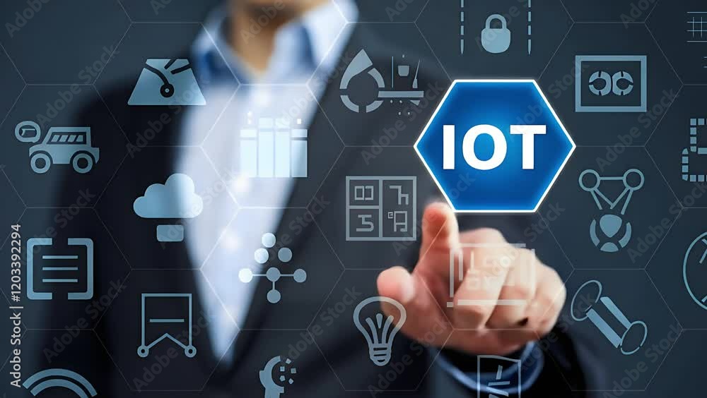 Poster businessman interacts with iot interface showcasing ai, global networking, industrial automation,
