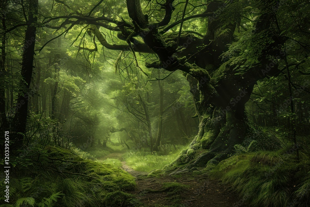 Fototapete sunbeams are filtering through a lush green forest canopy, creating a magical atmosphere