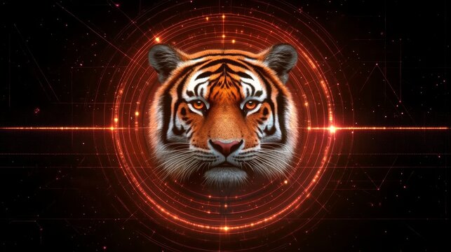 Fierce Tiger Digital Art, Glowing Circles Background