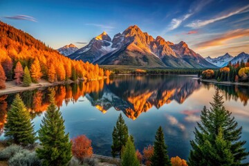 Obraz premium Grand Teton's Jenny Lake sunrise: breathtaking panoramic mountain views and serene reflections.