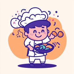 Obraz premium A cheerful cartoon chef holds a platter of food, wearing a traditional white outfit and a toque, surrounded by colorful, playful design elements.