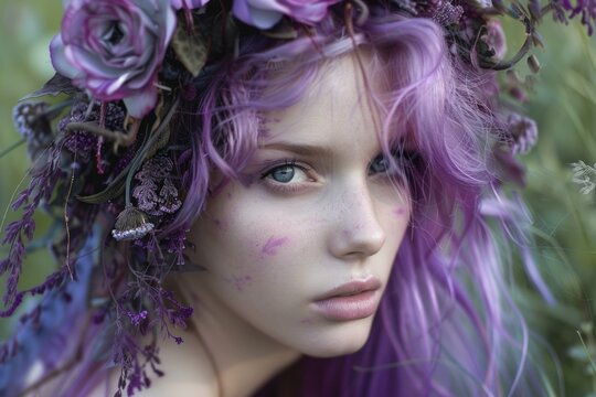 Model with purple hair and flower crown posing as a fairy in a magical forest