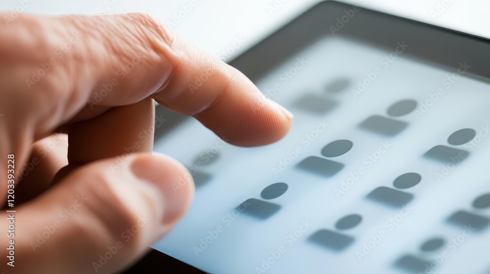 Poster person touching tablet screen, exploring digital interaction and user experience with modern technol