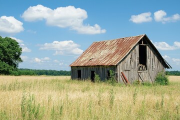 Obraz premium Exploring an abandoned barn in a wheat field rural landscape photograph bright day perspective on decay and nature