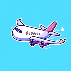 A colorful cartoon airplane flying in a clear blue sky, showcasing a playful design and vibrant colors.