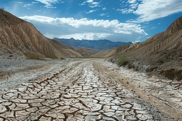 Dry cracked earth leads towards mountains under cloudy sky, showing impact of drought and climate change