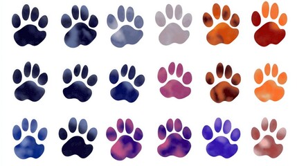 Colorful Paw Prints in Various Shades of Purple Orange and Blue