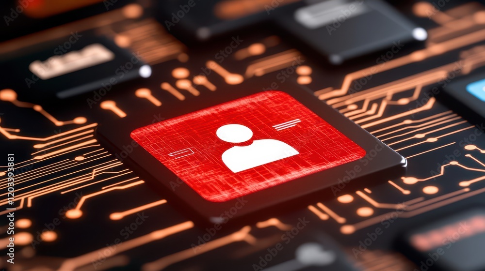 Aufkleber red square button on computer circuit board, power, control and technology