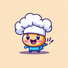 Obraz premium A cheerful cartoon chef character with a fluffy white hat, waving happily, set against a simple, light background.