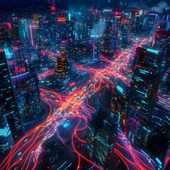 Fototapeta premium Glowing Neural Pathways Illuminate Dynamic City Nightscape