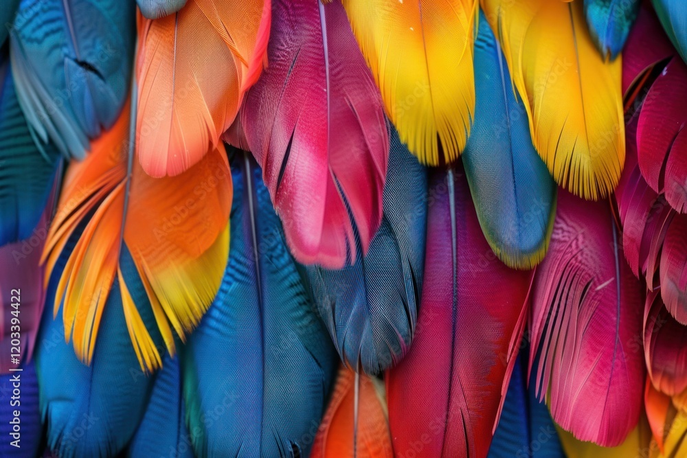Poster colorful feathers overlapping, creating a vibrant and textured background, full of color and detail