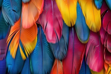 Fototapeta premium Colorful feathers overlapping, creating a vibrant and textured background, full of color and detail