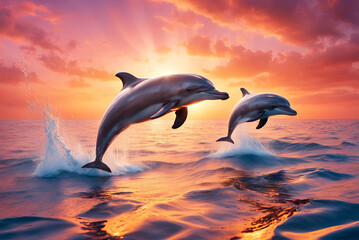 Fototapeta premium A majestic pair of dolphins gracefully leaping out of the crystal-clear water.