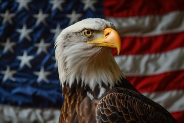 Naklejka premium American bald eagle posing majestically with a blurred american flag in the background