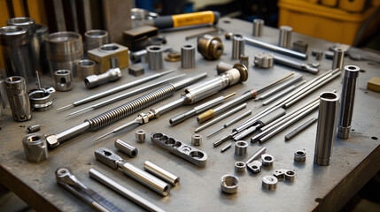 Various metalworking tools arranged on a workbench in a workshop.