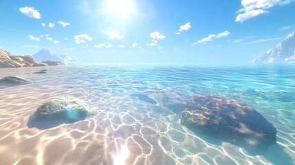 A peaceful beach scene with crystal-clear water, submerged rocks, and textured sand under soft sunlight.