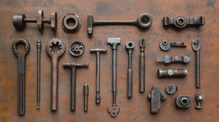 Obraz premium Various metalworking tools arranged on a workbench in a workshop.