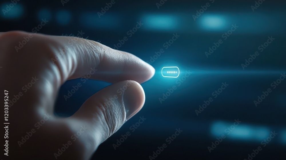 Poster finger initiates action by pressing button on sleek, modern computer keyboard, symbolizing human com