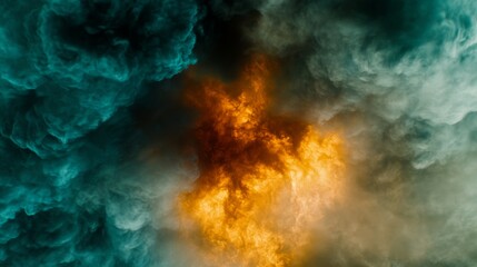 Fototapeta premium Fiery Inferno Surrounded by Teal and Grey Smoke Clouds
