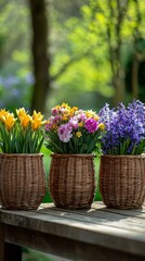 Bright yellow tulips, cheerful daisies, and fragrant hyacinths burst forth from handwoven baskets, capturing the vibrancy of spring in a serene garden filled with sunlight and life