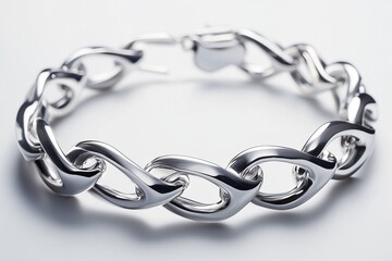 Obraz premium A sleek platinum bracelet with a unique interlocking design, displayed on a bright white backdrop.