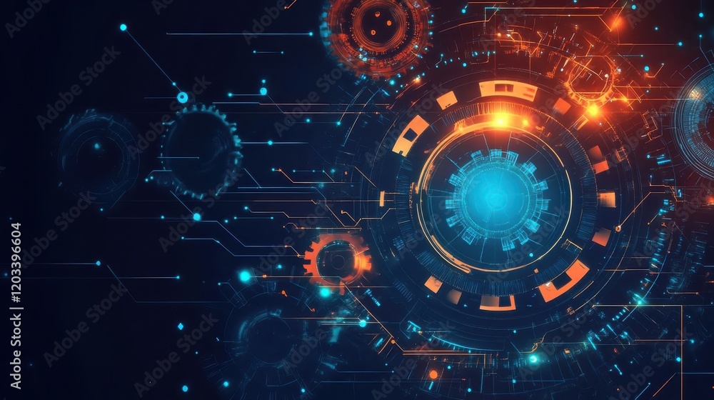 Poster visual representation of futuristic technology featuring gears and glowing circuitry elements in dee