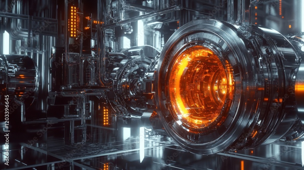 Poster futuristic power core glowing in a high-tech environment with intricate machinery and glowing elemen