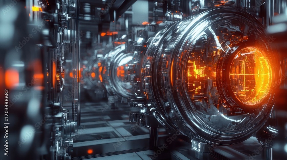 Poster intricate futuristic technology featuring glowing orange components set in a sleek, metallic environ