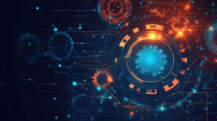 Obraz premium Visual representation of futuristic technology featuring gears and glowing circuitry elements in deep blue and orange tones. Generative AI