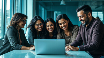 Fototapeta premium Group of diverse people in a bright modern office, illuminated by natural light
