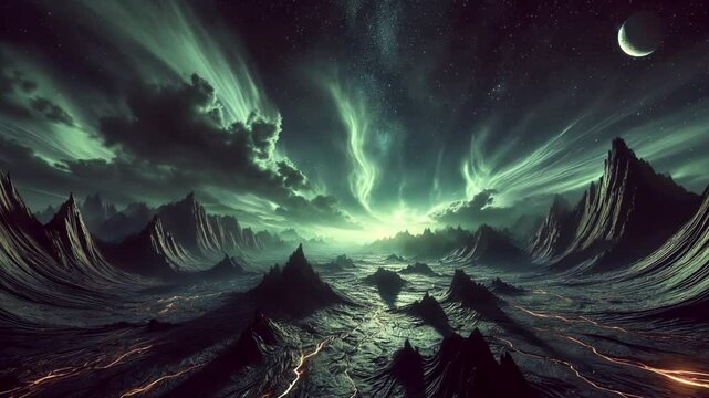 Dark otherworldly landscape with eerie lighting and surreal terrain in a sci-fi setting.
