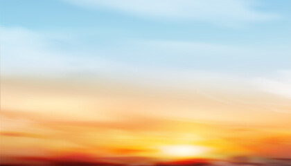 Sky Sunset,Cloud Background.Summer Sunrise sky in blue,yellow,orange over sea in morning,Vector cartoon sundown on beach in evening,Horizon beautiful Spring nature of dramatic sunny.Winter climate sky