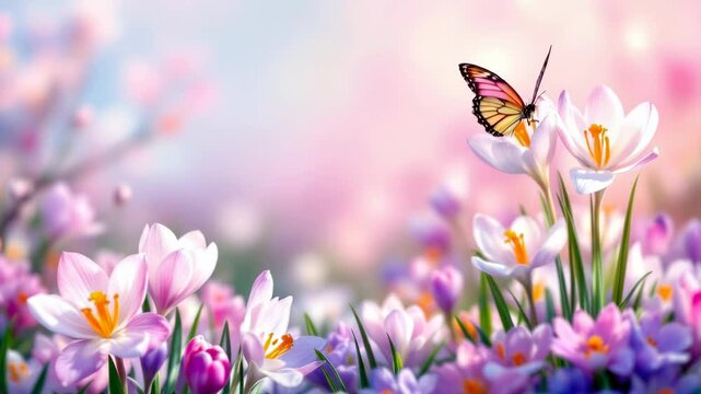 Fluttering butterfly and fresh wild purple crocus blooming in spring garden. Saffron flowers in field. Begin springtime theme on sunny day. Natural floral blooming meadows composition. 