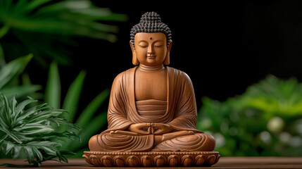 Fototapeta premium Wooden Buddha statue amidst greenery, symbolizing peace and calm.