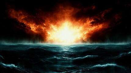 Fototapeta premium Fiery Sunset over a Turbulent Ocean Scene