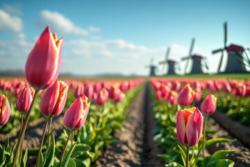 Vibrant tulip fields with historic windmills under a clear blue sky during spring season