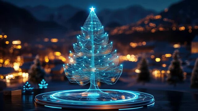 Futuristic wireframe hologram of a christmas tree with glowing lights for holiday celebrations