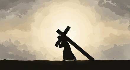 A minimalist watercolor image of Jesus carrying the cross silhouetted against a large glowing circular backdrop