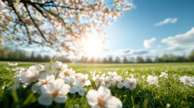 Radiant white flowers scattered across a sunlit green grass field create a peaceful and uplifting atmosphere, embodying the beauty and vitality of nature in full bloom.