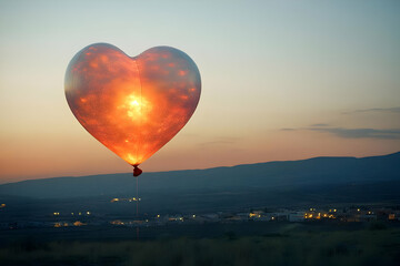 Fototapeta premium Heart-Shaped Hot Air Balloon at Sunset over a Serene Landscape