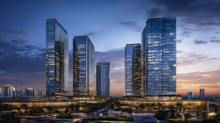 Fototapeta premium City Skyline at Blue Hour with Modern High-Rise Buildings