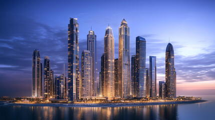 Fototapeta premium City Skyline at Blue Hour with Modern High-Rise Buildings