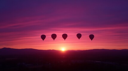 Five Hot Air Balloons at Sunset Over Mountains